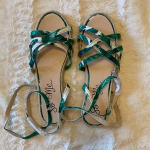 Green and White Lace Up Sandals